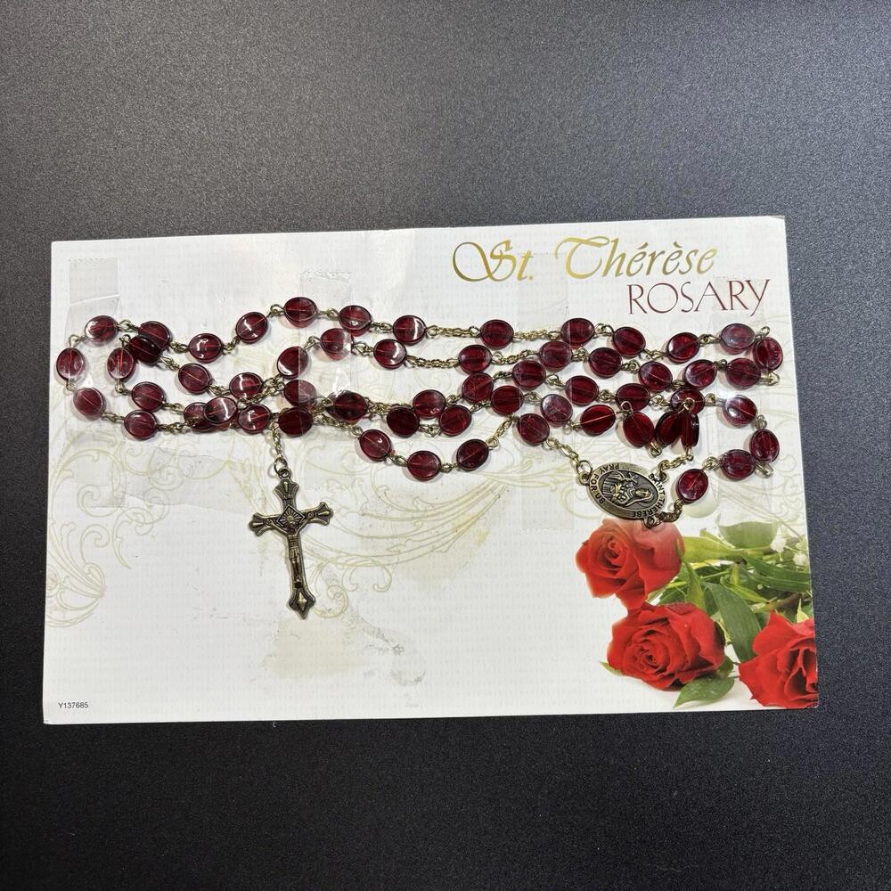 St Therese Rosary Red Plastic Beads Gold Tone Crucifix Catholic Vintage New